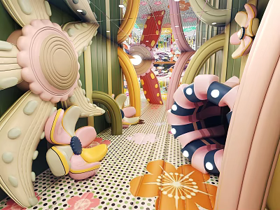 Vibrant Office Hallway With Flower Shaped Decorations Curved Arches And Colorful Floral Floor Patterns 3d model
