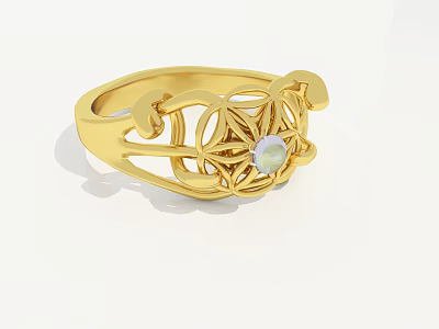 Elegant Gold Ring With Intricate Geometric Cutout Design And Central Light Colored Gemstone 3d model