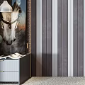 Modern Minimalist Living Room Interior Wall With Vertical Gray White Stripes And Decorative Art