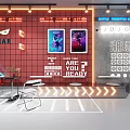Modern Break Area With Red Grid Wall Neon Lights Posters And Gaming Elements 3d model