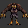 3D Fantasy Owl Creature With Purple Orange Feathers Large Sharp Claws And Big Orange Eyes