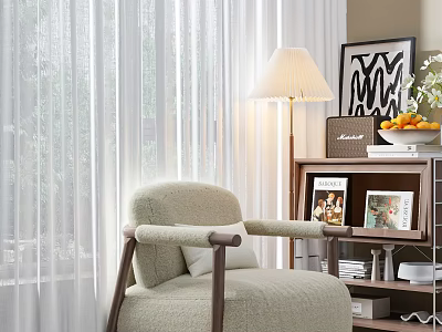 Cozy Beige Lounge Chair Interior With Soft White Curtains Floor Lamp And Bookshelf Photo Frames 3d model