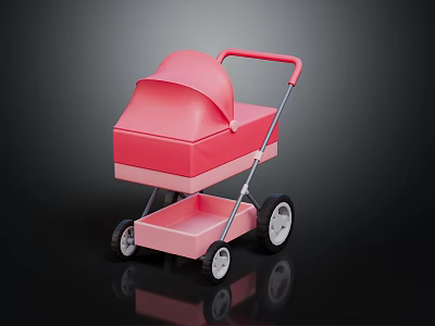 Cute Pink Toy Doll Stroller With Canopy And Storage Basket On Dark Background 3d model