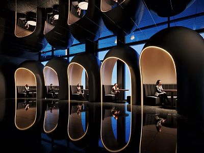 Hotel Public Lounge Modern Design With Curved Seating Ambient Lighting And Reflective Floors 3d model