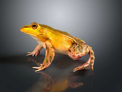 Yellow and Green Spotted Frog Standing on Black Surface With Reflection 3d model