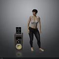 Woman Standing Next to Speaker with Display Screen and Yellow Cone