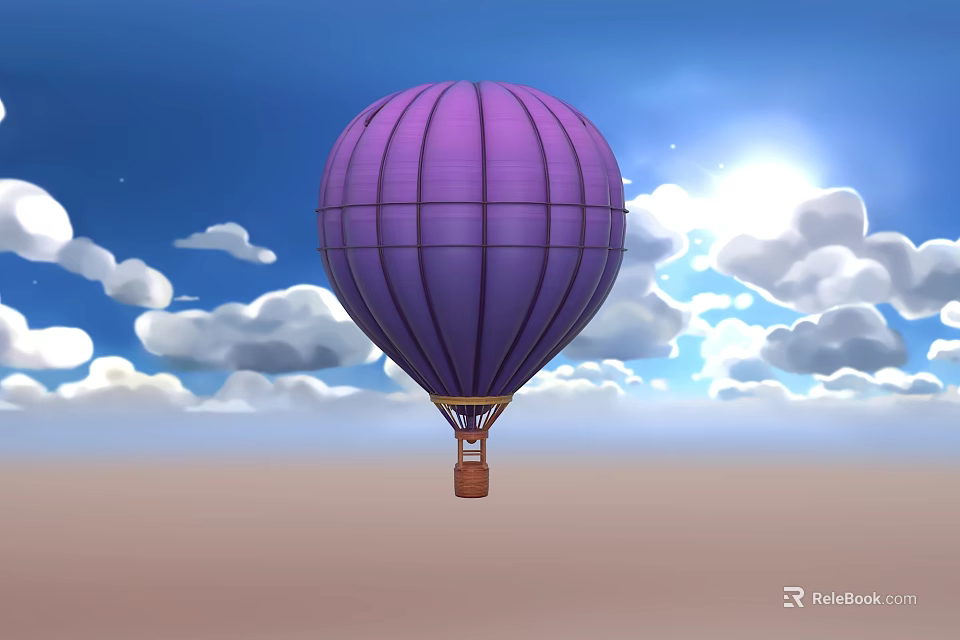 Cartoon Scene Featuring Purple Hot Air Balloon Blue Sky White Clouds And Bright Sun 3d model 