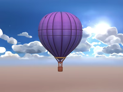Cartoon Scene Featuring Purple Hot Air Balloon Blue Sky White Clouds And Bright Sun 3d model