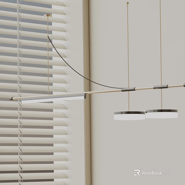 Modern Interior With Linear Chandelier Featuring Two Circular Shades And Louvered Blinds 3d model 