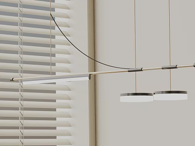 Modern Interior With Linear Chandelier Featuring Two Circular Shades And Louvered Blinds 3d model
