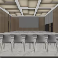 Modern Meeting Room With Wooden Walls White Chairs Square Ceiling Lights And Projection Screen