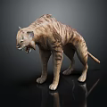Realistic 3D Model Of Striped Prehistoric Big Cat Standing With Open Mouth