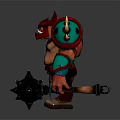 Game Movie Character With Red Horns Green Shoulder Armor Holding Spiked Hammer And Brown Pants