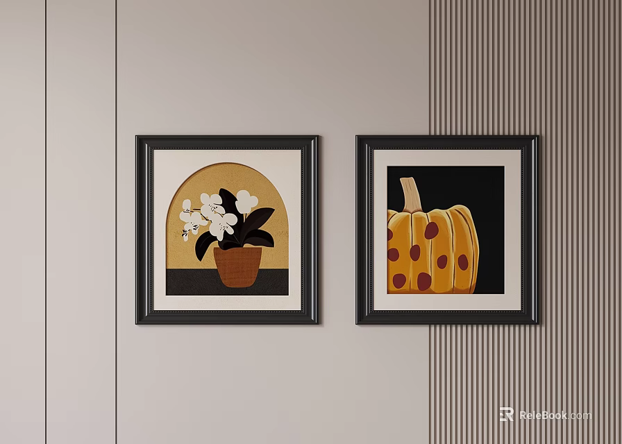 Black Framed Abstract Paintings White Flowers in Pot and Orange Pumpkin with Spots 3d model 