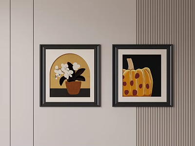 Black Framed Abstract Paintings White Flowers in Pot and Orange Pumpkin with Spots 3d model