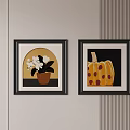 Black Framed Abstract Paintings White Flowers in Pot and Orange Pumpkin with Spots