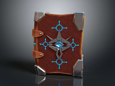 Fantasy Magic Book with Brown Cover Metallic Borders Blue Glowing Geometric Patterns and Central Gemstone 3d model