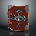 Fantasy Magic Book with Brown Cover Metallic Borders Blue Glowing Geometric Patterns and Central Gemstone