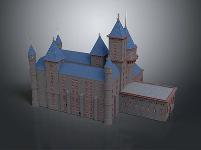 Cartoon Castle Scene With Medieval Style Blue Spires Multiple Towers And Brick Walls 3d model