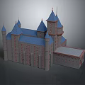 Cartoon Castle Scene With Medieval Style Blue Spires Multiple Towers And Brick Walls