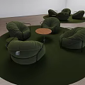 Green Sofas In Modern Interior On Circular Rugs With Wooden Coffee Tables And Round Lights