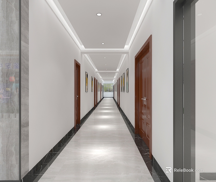 Bright Office Hallway With White Walls Wooden Doors Paintings And Ceiling Lights 3d model 