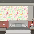 Cute Kids Room With Pink Rabbit Wallpaper Bed Toy Bike And Green Plant Decor