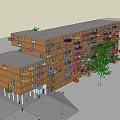 Modern Architectural Building With Wooden Facade Glass Structure And Cantilevered Balconies Greenery Pedestrians And Cars