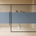 Modern Interior Glass Partition With Blue Patterned Glass And Black Frame Design 3d model
