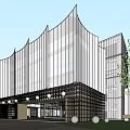 Modern Sales Office Building With Glass Facade And Portico Entrance Surrounded By Tall Buildings