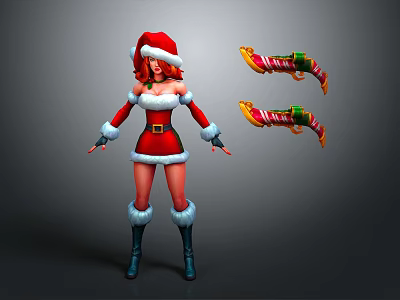 Game Movie Female Character in Santa Costume with Red Hair and Festive Christmas Weapons 3d model