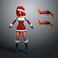 Game Movie Female Character in Santa Costume with Red Hair and Festive Christmas Weapons