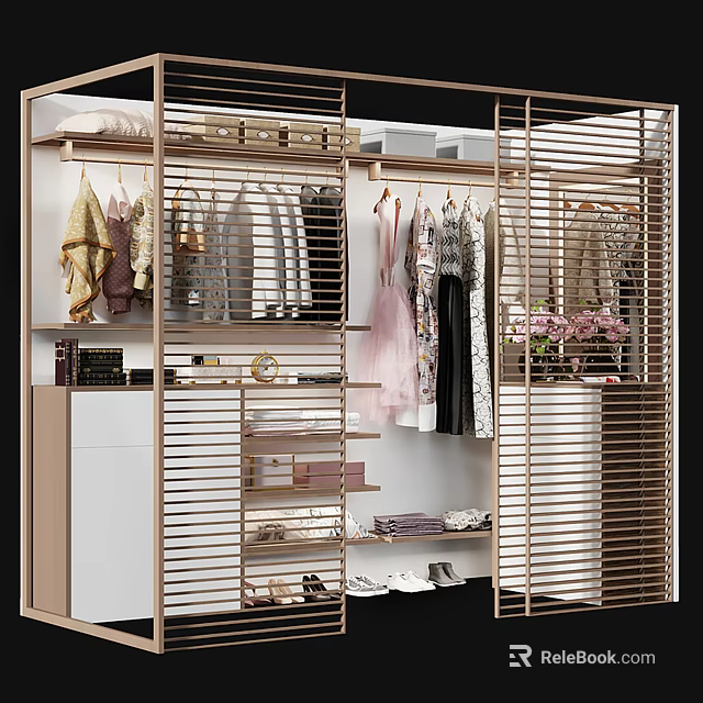 Modern Wardrobe Interior Design With Golden Frame Hanging Clothes Shelves And Shoes 3d model 