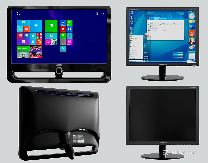 Computer Monitors Displaying Windows Interface And Different Views Of Screens And Backs 3d model