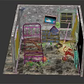Dilapidated Room Interior With Rusty Metal Bed Frame Damaged Walls And Trash 3d model