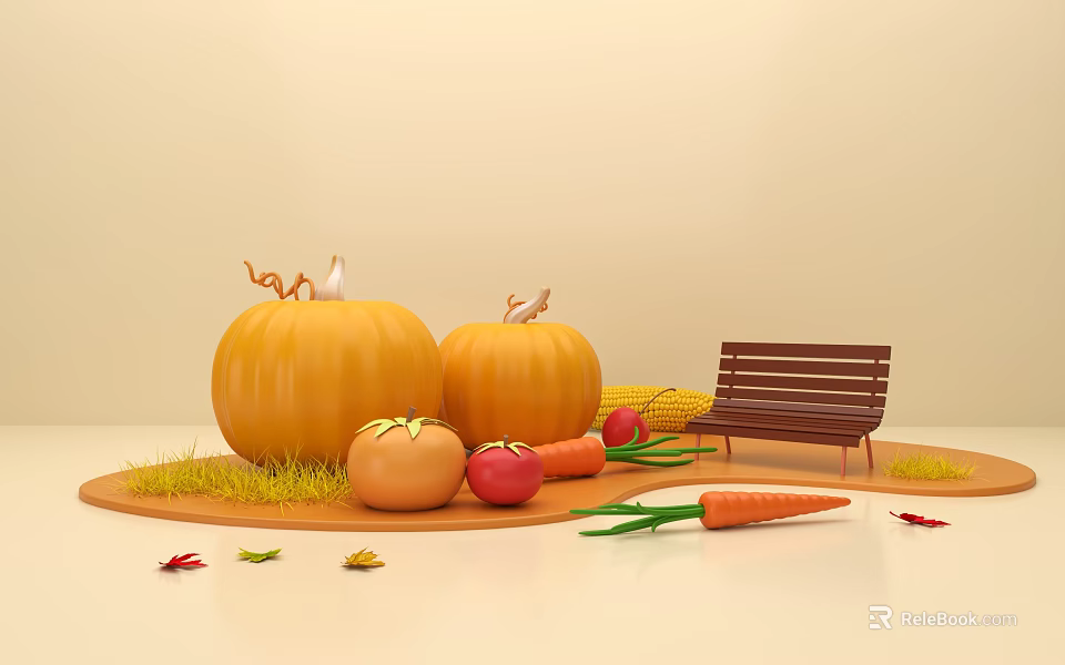 Warm Autumn Exhibition Hall With Pumpkins Tomatoes Carrots Corn Grass And Wooden Bench 3d model 
