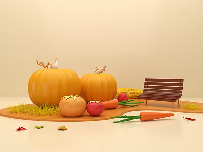 Warm Autumn Exhibition Hall With Pumpkins Tomatoes Carrots Corn Grass And Wooden Bench 3d model