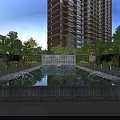 Reflective Water Fountain in Courtyard with High Rise Buildings Green Trees and Pink Flowers
