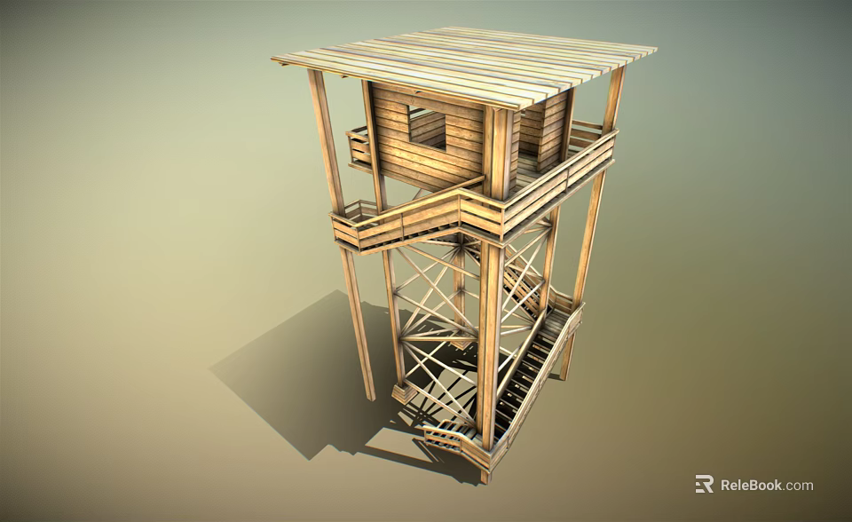 Wooden Tower Structure With Small Cabin Platform Stairs And Wooden Frame Roof 3d model 