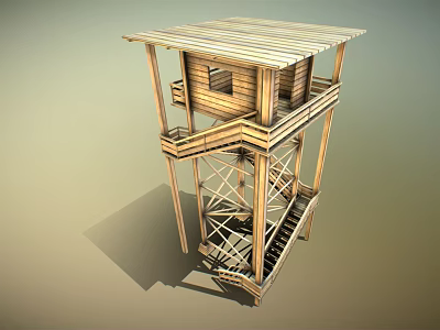Wooden Tower Structure With Small Cabin Platform Stairs And Wooden Frame Roof 3d model