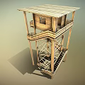 Wooden Tower Structure With Small Cabin Platform Stairs And Wooden Frame Roof
