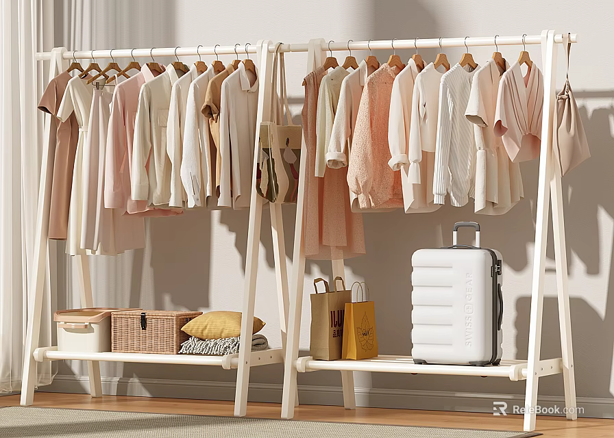 Modern Clothes Hanging On White Clothing Racks With Storage Baskets Bags And Suitcase 3d model 