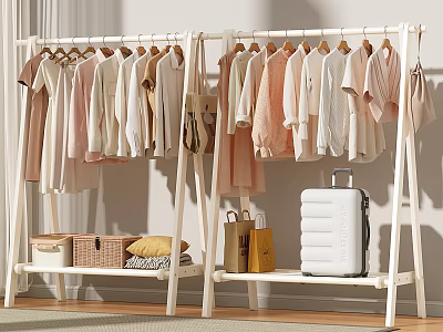Modern Clothes Hanging On White Clothing Racks With Storage Baskets Bags And Suitcase 3d model