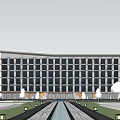 Modern Hotel Building With Geometric Glass Facade And Reflective Pool Surrounded by Trees