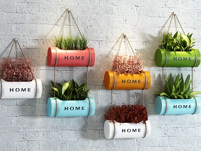 Colorful Cylindrical Hanging Planters With Green Plants And HOME Lettering On Grey Brick Wall 3d model
