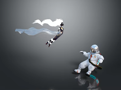 Astronaut In White Spacesuit Interacting With Ethereal Figure And White Flowing Scarf On Reflective Surface 3d model