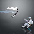Astronaut In White Spacesuit Interacting With Ethereal Figure And White Flowing Scarf On Reflective Surface