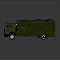 Green Military Truck With Large Cargo Body And Blue Emergency Lights On Roof
