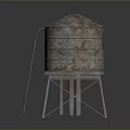 Cylindrical Rusted Metal Water Tower With Ladder And Support Stand Structure