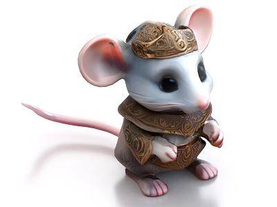 Cute Fantasy Mouse Character Wearing Ornate Golden Outfit And Headpiece 3d model